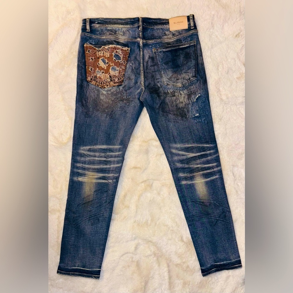 NWOT Valabasas Skinny Blue Button Fly Ripped Distressed Denim Jeans Size: 36